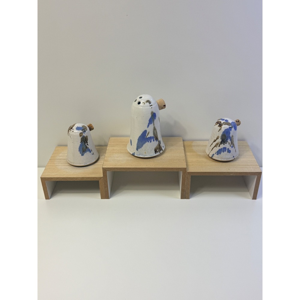 Signed Studio Pottery Shaker Trio Hand Thrown Ceramic Salt Pepper Blue Artisan